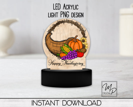 Happy Thanksgiving Cornucopia Round LED Light Up Sign PNG Sublimation Design, Acrylic Lamp, Digital Download