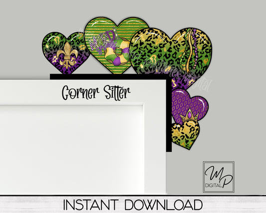Mardi Gras Heart Corner Sitter PNG Design for Sublimation, Digital Download