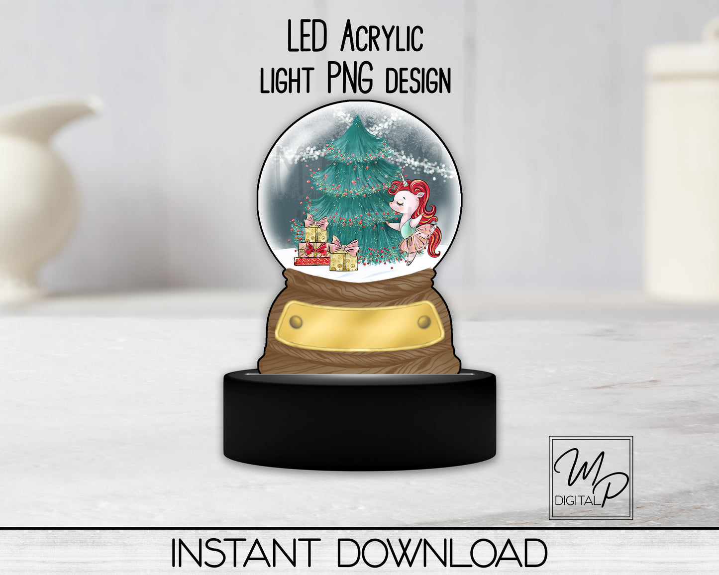 Christmas Unicorn Snow Globe LED Light Up Sign, Acrylic Night Light PNG Sublimation Design, Digital Download