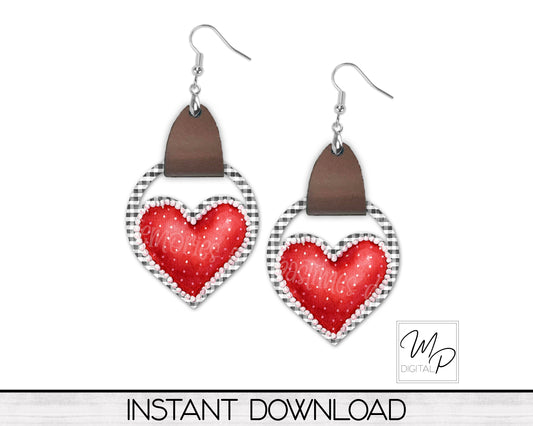 Valentine's Day Buffalo Plaid Heart PNG Design for Sublimation of Earrings with Leather, Digital Download