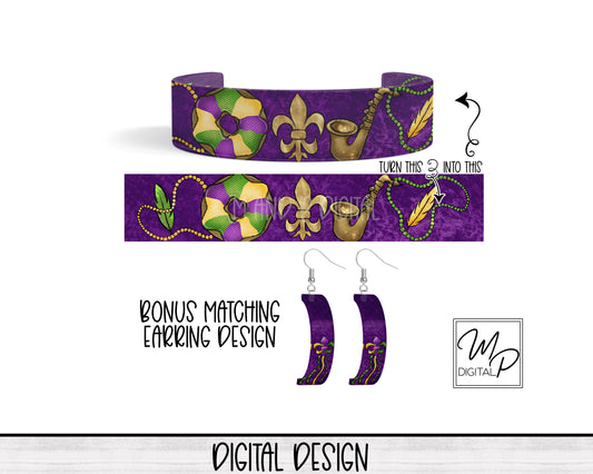 Mardi Gras Acrylic Cuff Bracelet PNG Design for Sublimation, Bonus Earring Design, Digital Download