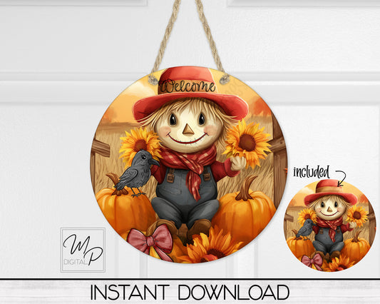 Fall Scarecrow Round Door Sign PNG, Digital Download for Sublimation