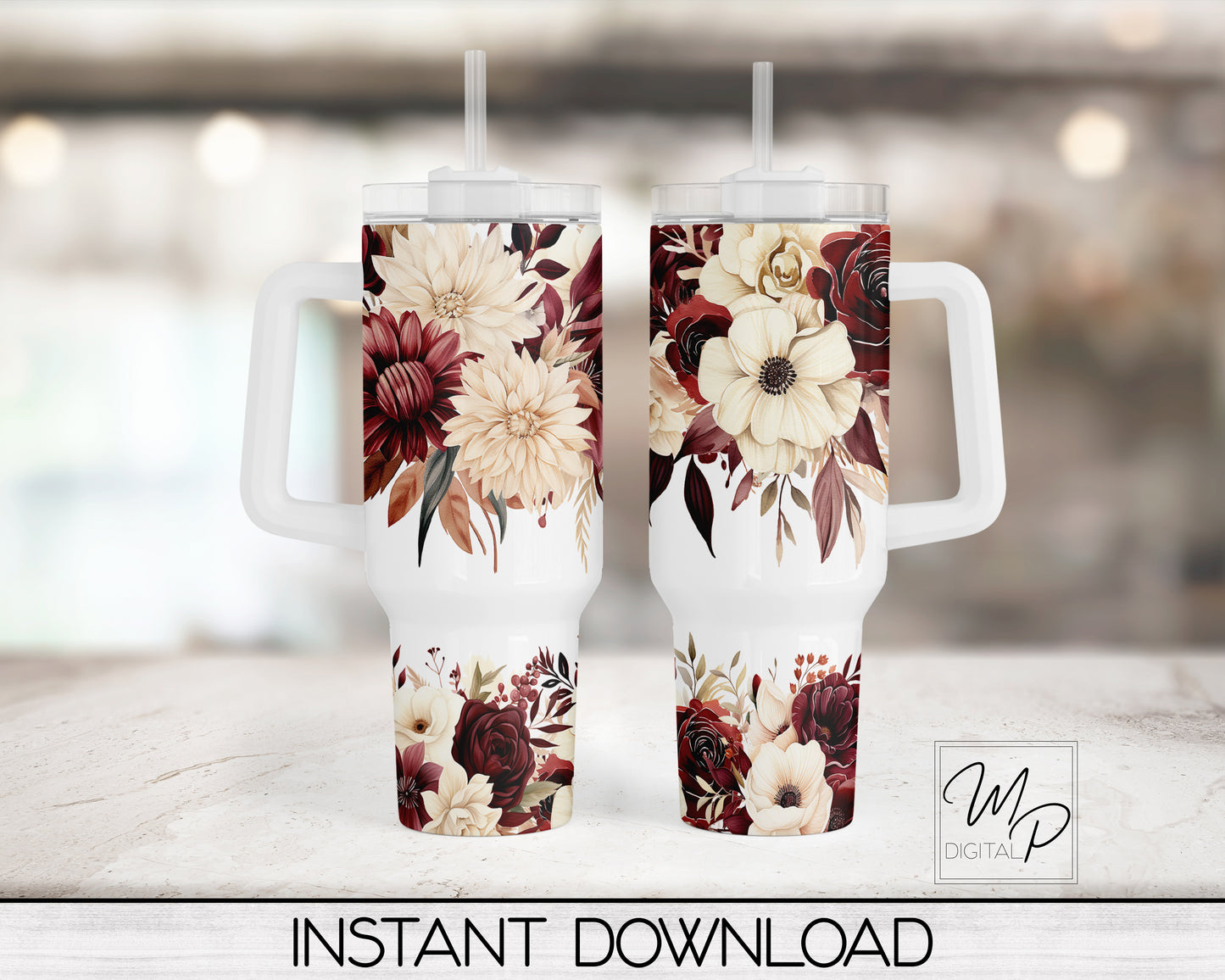 Burgundy and Beige Floral 40oz Quencher Tumbler Wrap - PNG Tumbler Design Sublimation - Digital Designs Downloads - Commercial Use