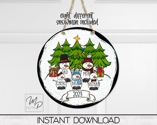 Customizable Snowman Family PNG Design for Sublimation of Round Signs, Digital Download