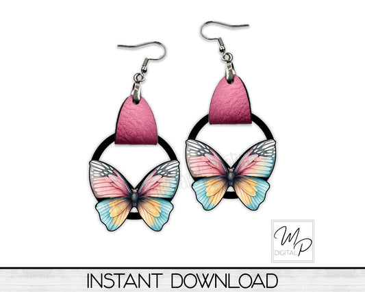 Pastel Colored Butterfly PNG Design for Sublimation of Earrings with Leather, Digital Download