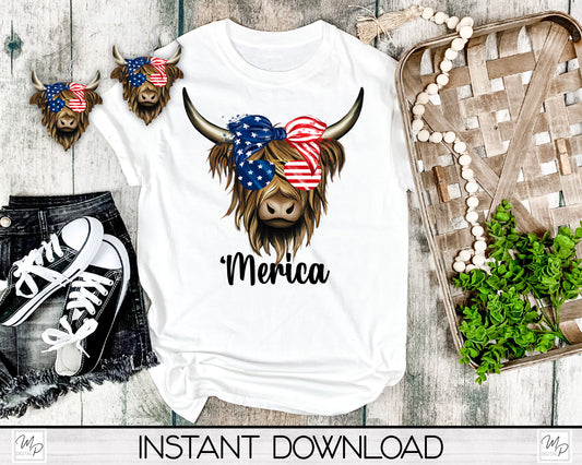 Patriotic Highland Cow Merica PNG Sublimation T-Shirt and Earring Design Bundle Digital Download