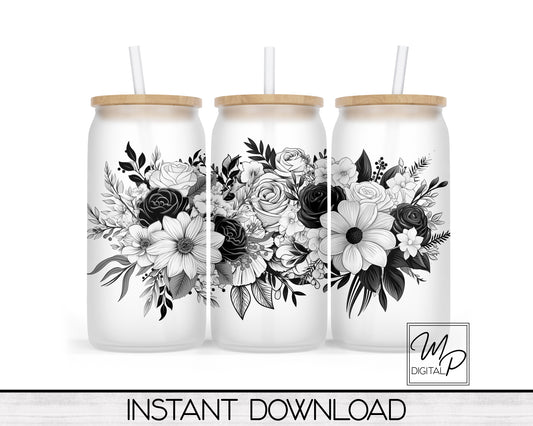 Black and White Floral Glass Can Sublimation Wrap, PNG Digital Download