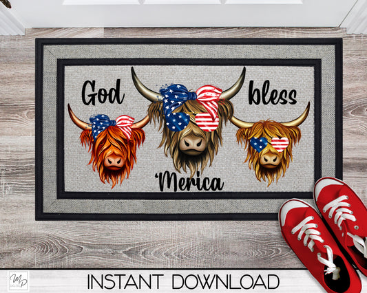 Patriotic Highland Cow God Bless America Door Mat Design for Sublimation, Digital Download