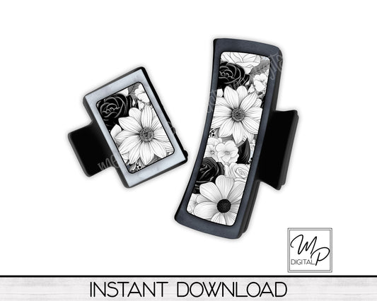 Black and White Floral Hair Clip PNG Sublimation Design, Digital Download