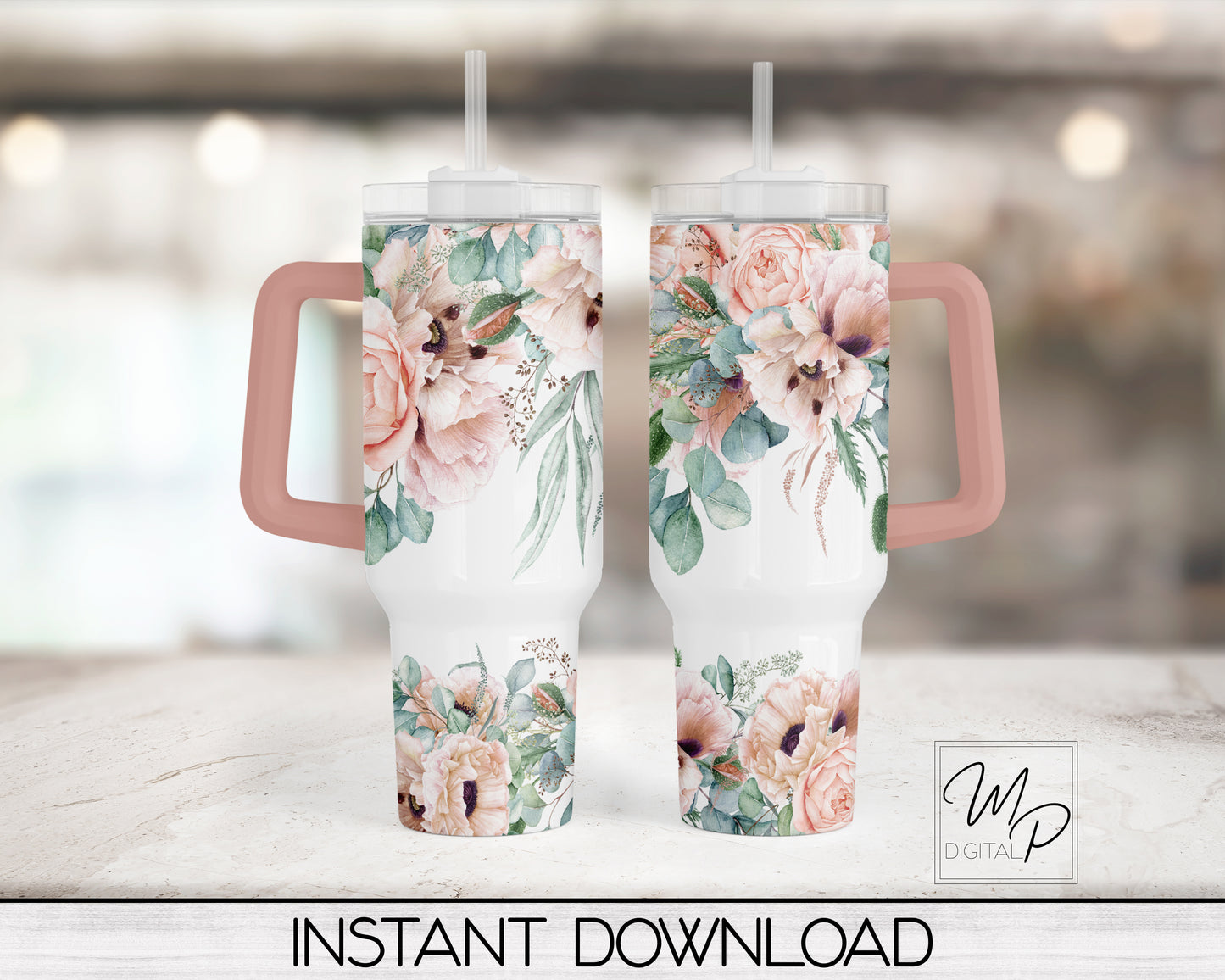 Pink Floral 40oz Quencher Tumbler Wrap - PNG Tumbler Design Sublimation - Digital Designs Downloads - Commercial Use