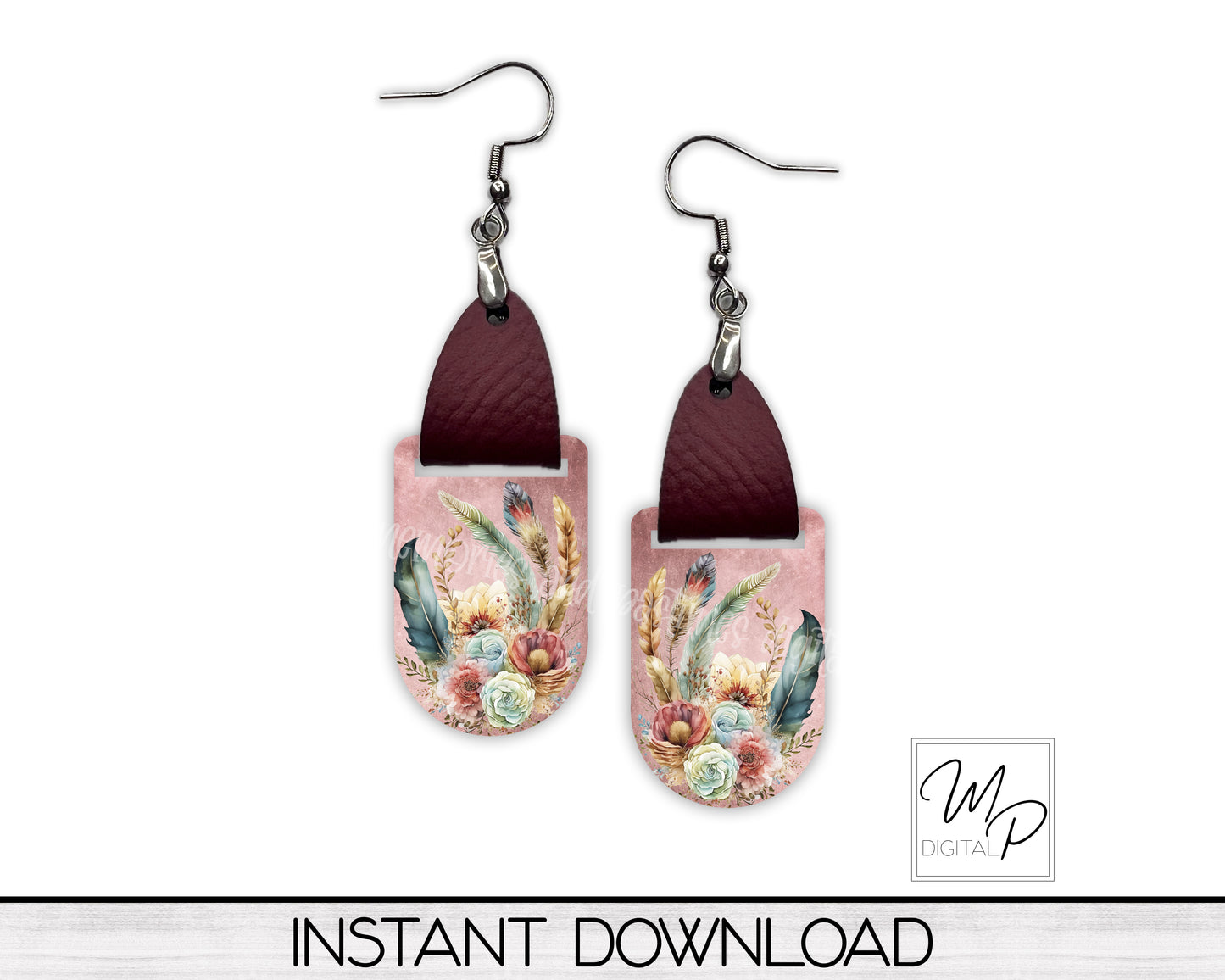 Feathers and Flowers PNG Design for Sublimation of Earrings Oval with Leather, Digital Download