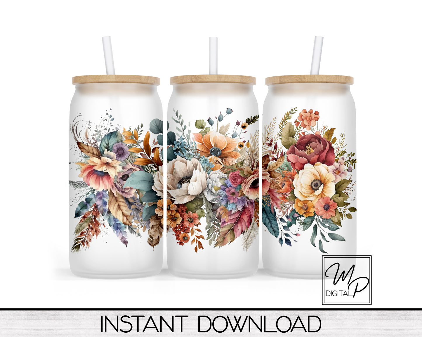 Fall Floral Glass Can Sublimation Wrap, PNG Digital Download