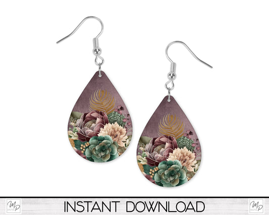 Burgundy Floral Teardrop Earring Design for Sublimation, Digital Download
