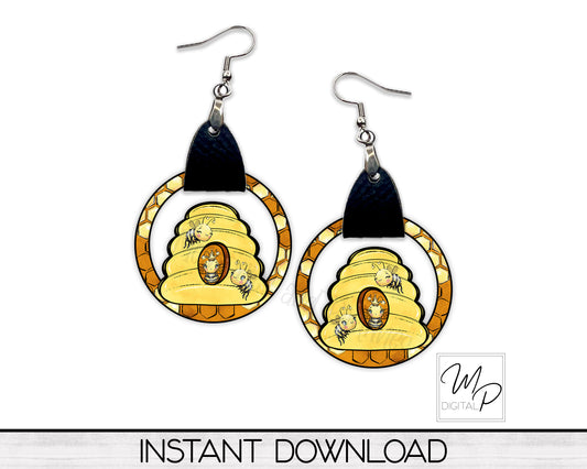Honey Beehive PNG Design for Sublimation of Earrings with Leather, Digital Download