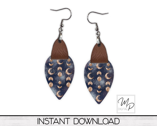 Celestial Moon Upside Down Teardrop PNG Design for Sublimation of Earrings with Leather, Digital Download