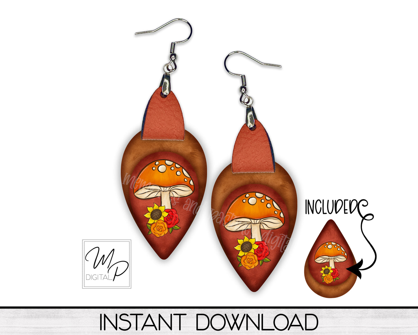 Fall Mushroom Upside Down Teardrop PNG Design for Sublimation of Earrings with Leather, Digital Download