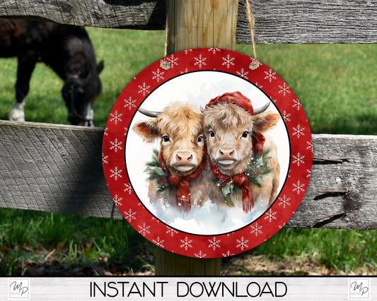 Christmas Highland Cows Round PNG Digital Download for Sublimation