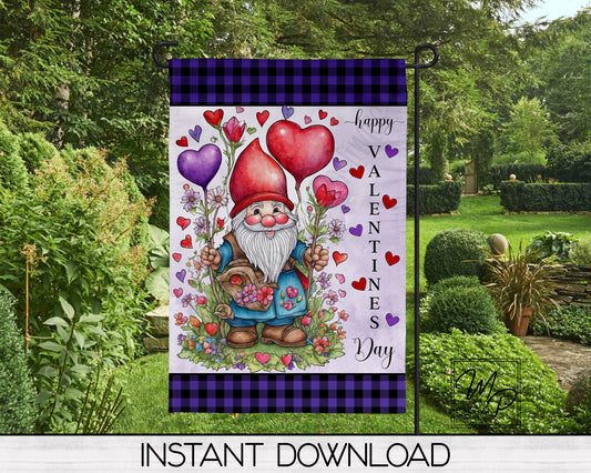 12x18 Garden Flag Sublimation Design, Valentine's Day Gnome, Patio Flag Digital Download