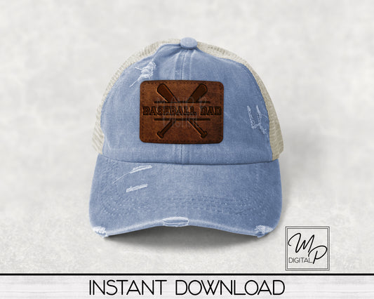 Baseball Dad Faux Leather Hat Patch PNG Design for Sublimation, Digital Download