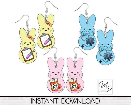 Nurse Easter Bunny BUNDLE PNG Sublimation Design for PEEP Earring, Digital Download