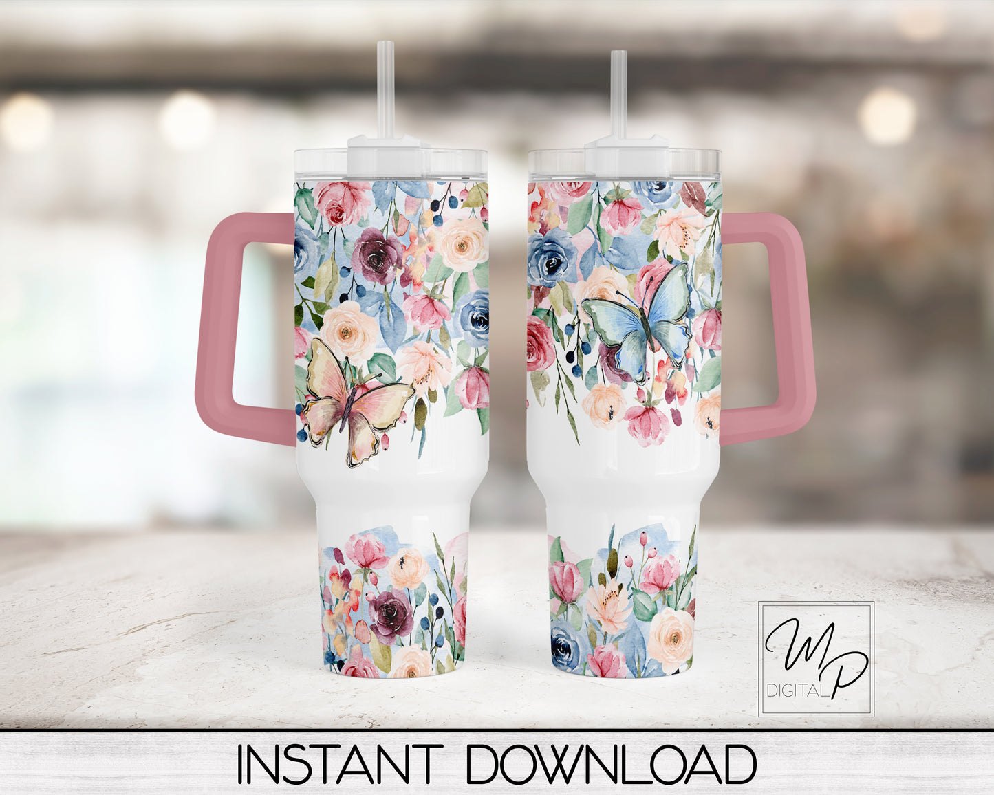 Pink and Blue Floral 40oz Quencher Tumbler Wrap - PNG Tumbler Design Sublimation - Digital Designs Downloads - Commercial Use