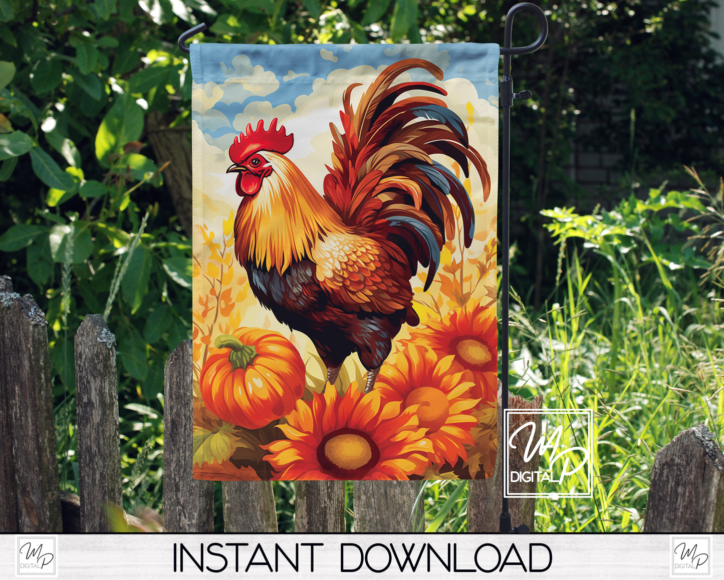 12x18 Garden Flag Sublimation Design, Fall Rooster, Patio Flag Digital Download