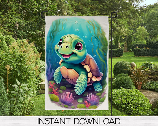 Garden Flag Sublimation Design, Cute Turtle, Patio Flag Digital Download
