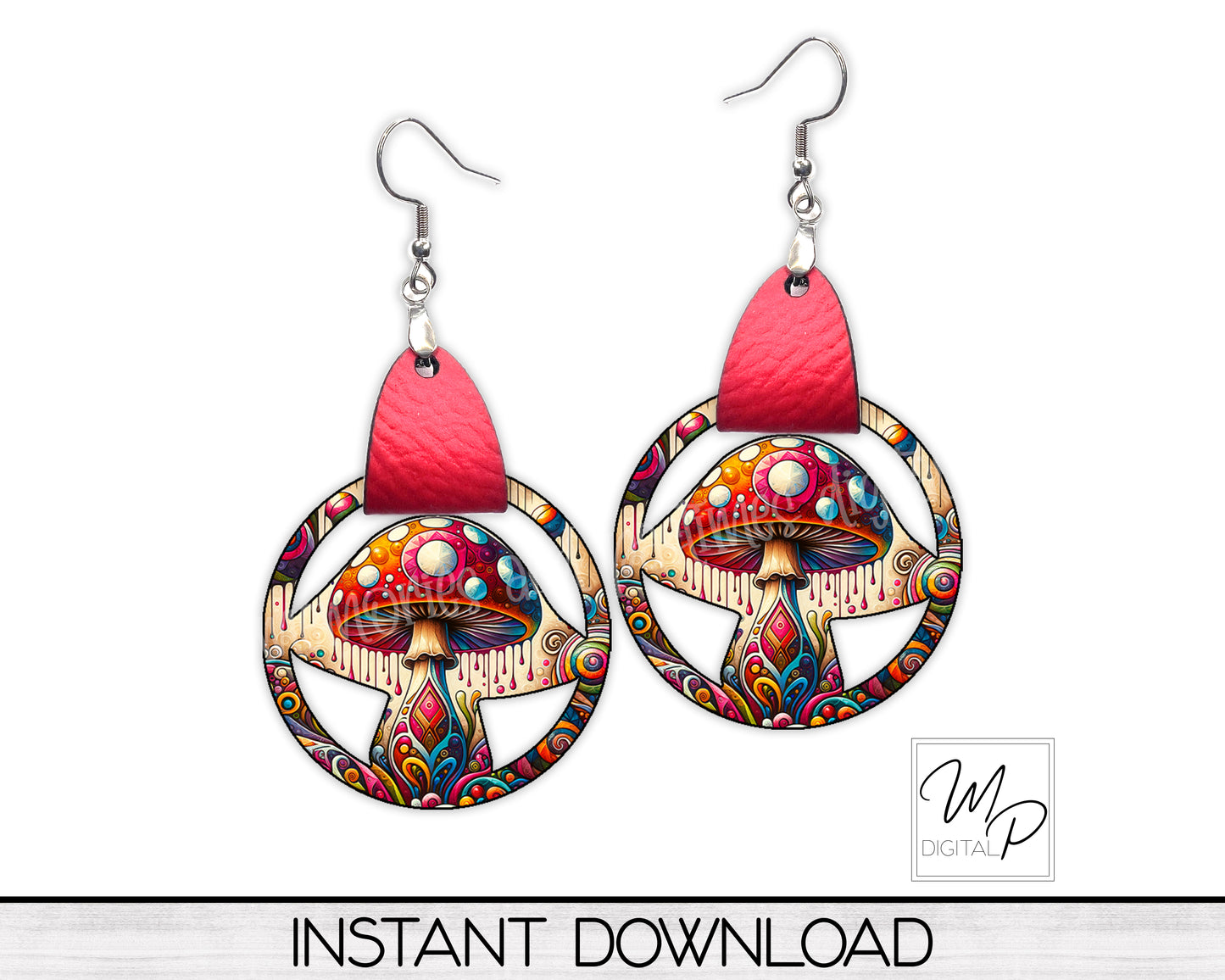 Hippie Mushroom PNG Design for Sublimation of Earrings, Mushroom with Leather, Digital Download