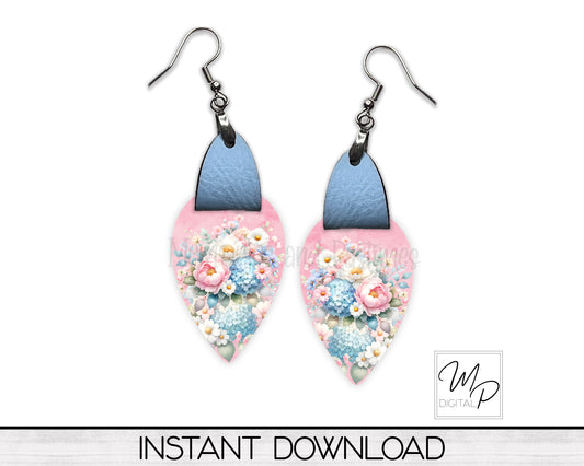 Floral Upside Down Teardrop PNG Design for Sublimation of Earrings with Leather, Digital Download