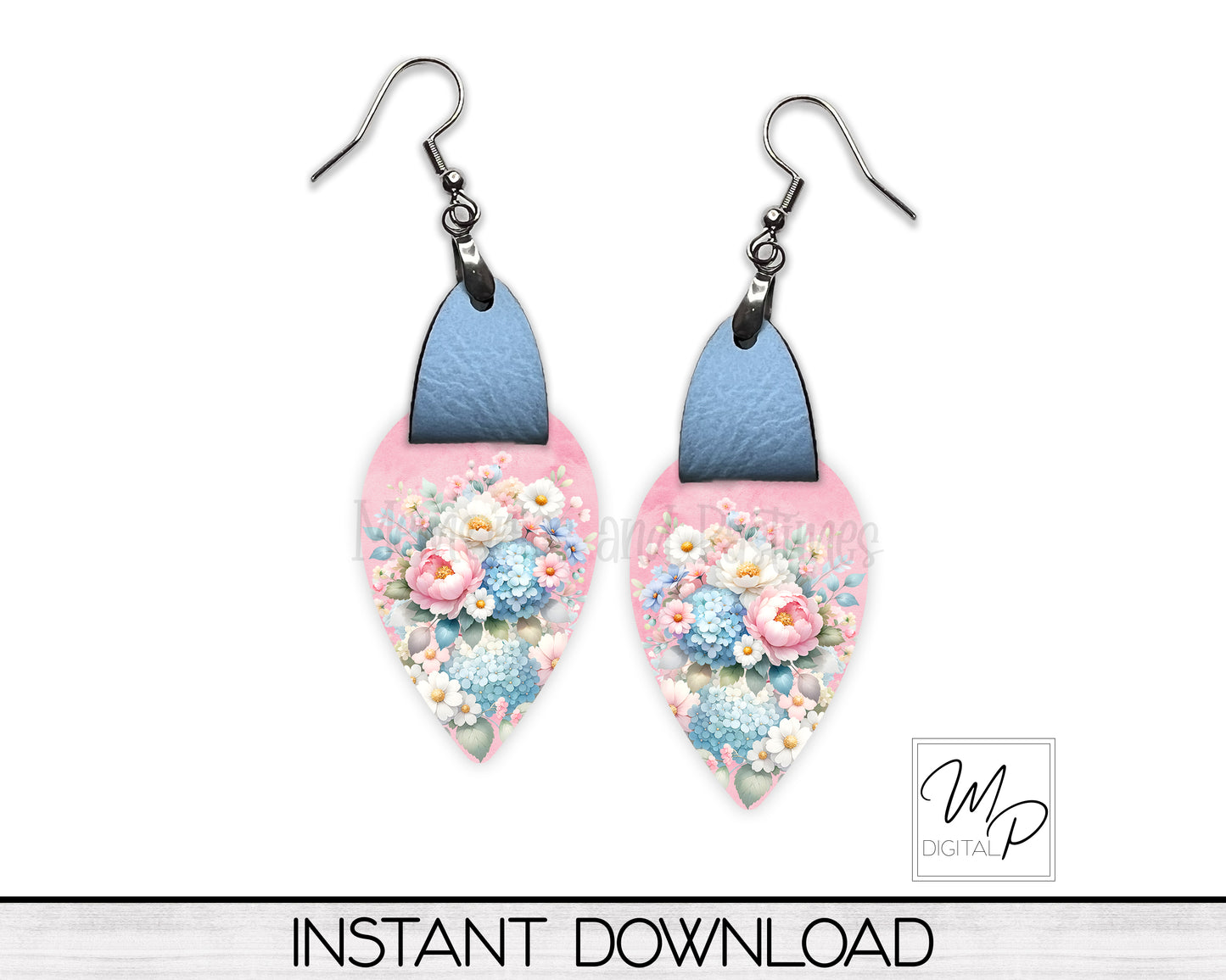 Floral Upside Down Teardrop PNG Design for Sublimation of Earrings with Leather, Digital Download