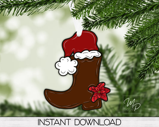 Christmas Ornament PNG Sublimation Design, Cowboy Boot with Santa Hat, Commercial Use, Digital Download