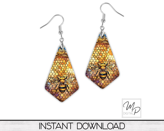 Honey Bee Stained Glass Geometric Earring PNG Design for Sublimation, Digital Download