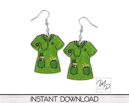 St. Patrick's Day Nurse Scrub Top PNG Design for Sublimation, Earrings, Keychain, Badge Reel, Digital Download
