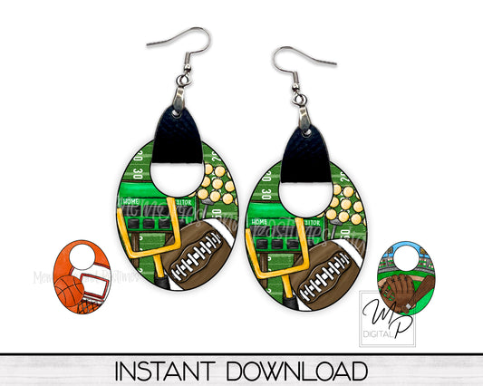 Sports Oval Earring with Leather Hoop PNG Design Bundle for Sublimation, Digital Download