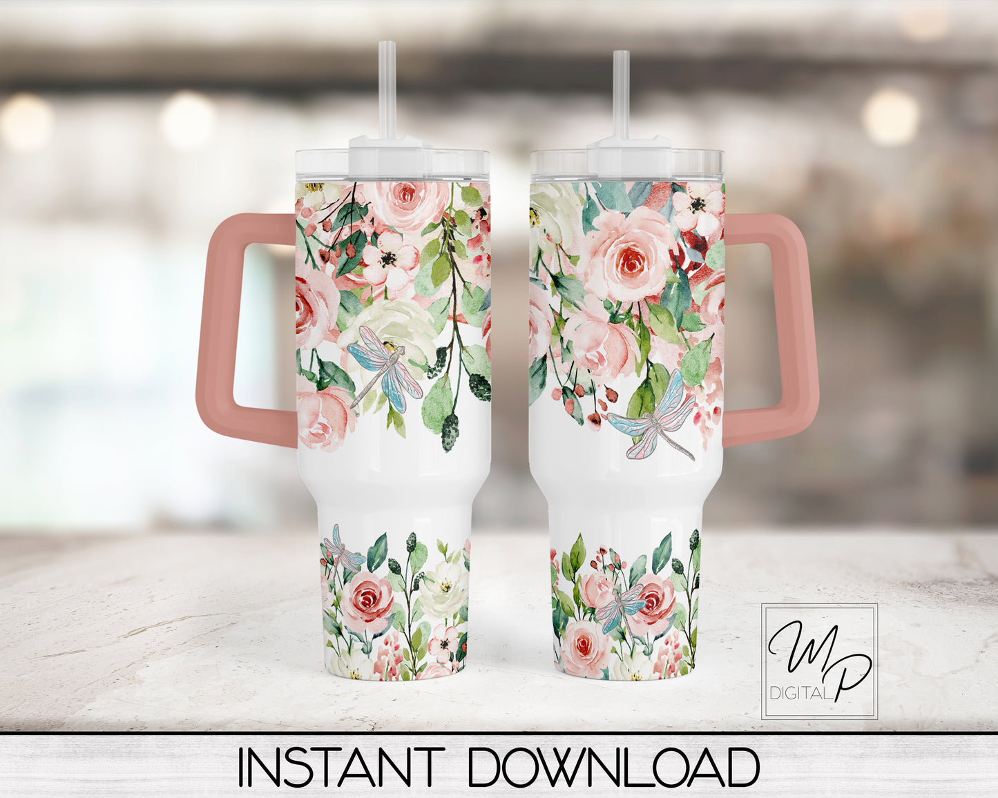 Pink Floral 40oz Quencher Tumbler Wrap - PNG Tumbler Design Sublimation - Digital Designs Downloads - Commercial Use