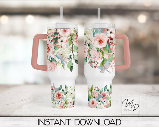 Pink Floral 40oz Quencher Tumbler Wrap - PNG Tumbler Design Sublimation - Digital Designs Downloads - Commercial Use