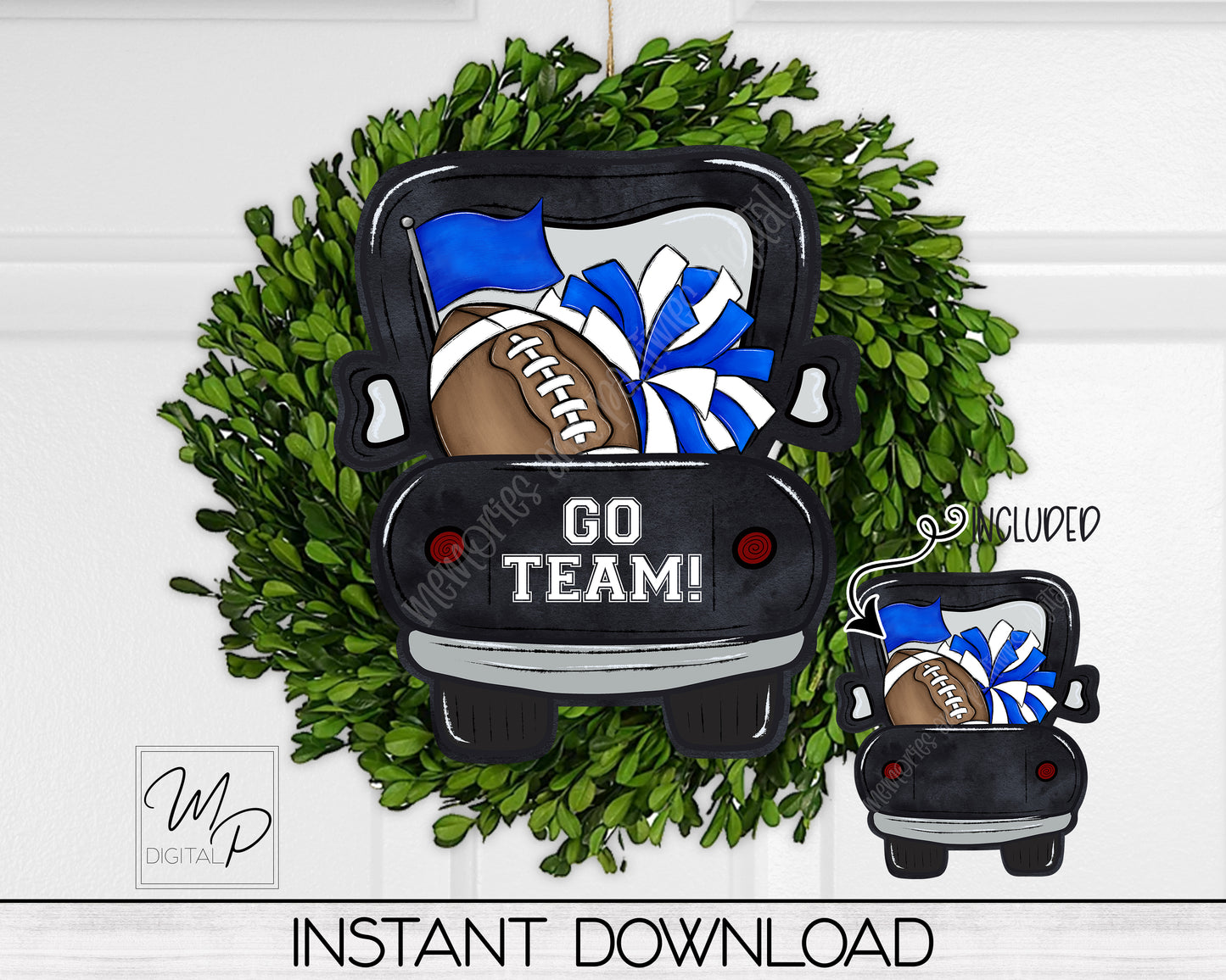 Blue Football Farmhouse Truck PNG Design for Sublimation of Door Hangers, Signs and Earrings