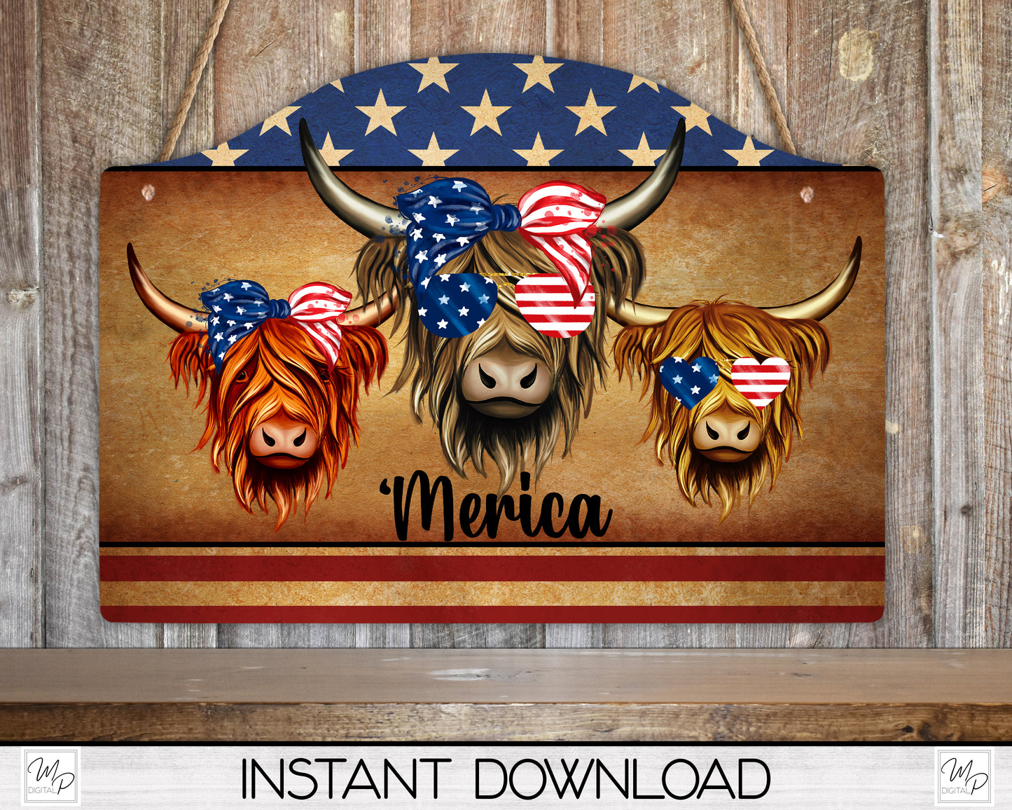 Patriotic Highland Cow Round Top Sign PNG Design for Sublimation, Digital Download