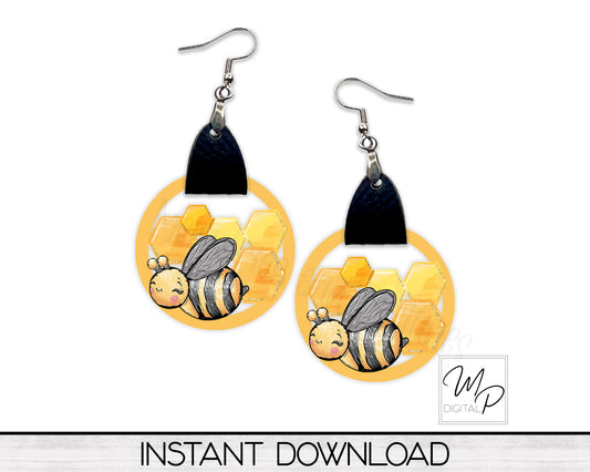 Honeycomb Bee PNG Design for Sublimation of Earrings with Leather, Digital Download