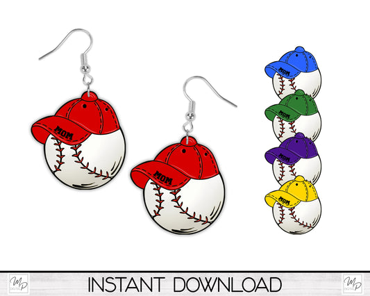 Baseball and Hat for Mom PNG Design Bundle for Sublimation of Earrings, Keychains, Digital Download