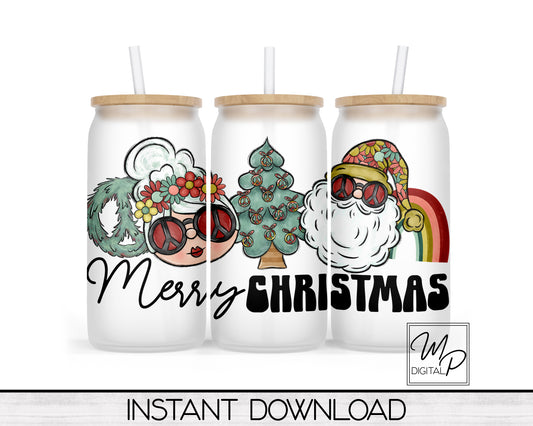 Retro Hippie Santa and Mrs. Claus Glass Can Sublimation Wrap, PNG Digital Download