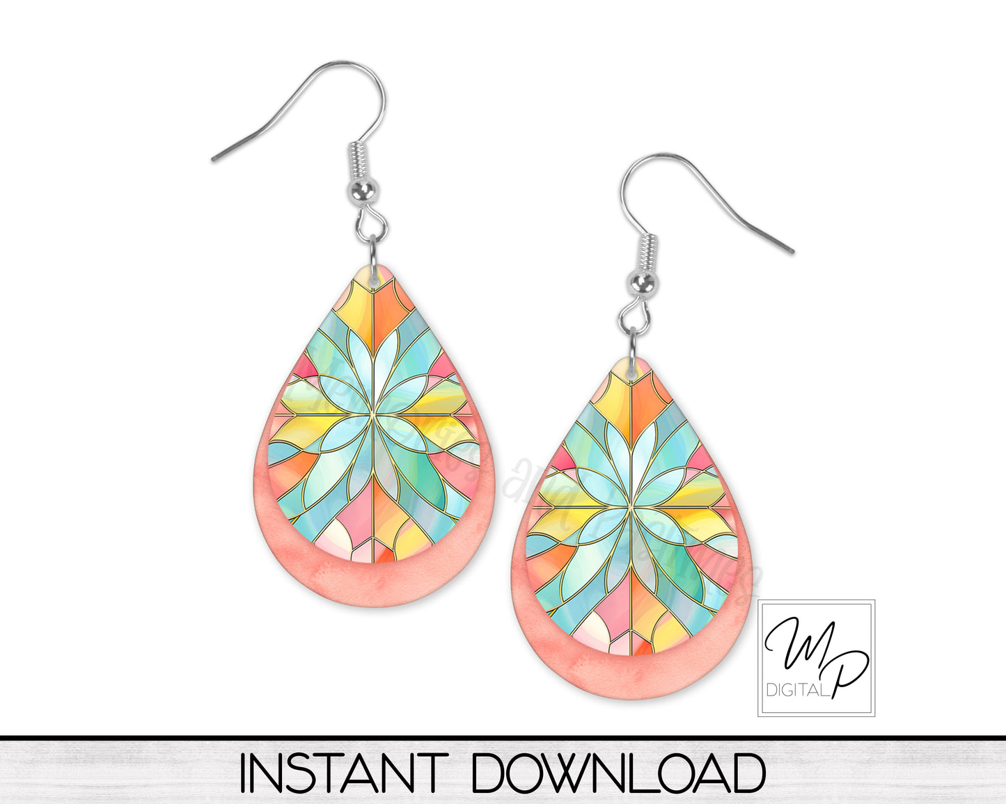 Spring Stained Glass Teardrop Earring PNG Design for Sublimation, Digital Download