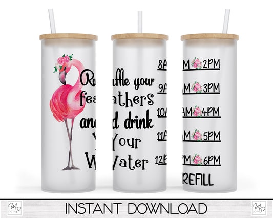 20oz / 25oz Glass Tumbler Water Tracker, Flamingo for Sublimation and Waterslides, PNG Digital Download