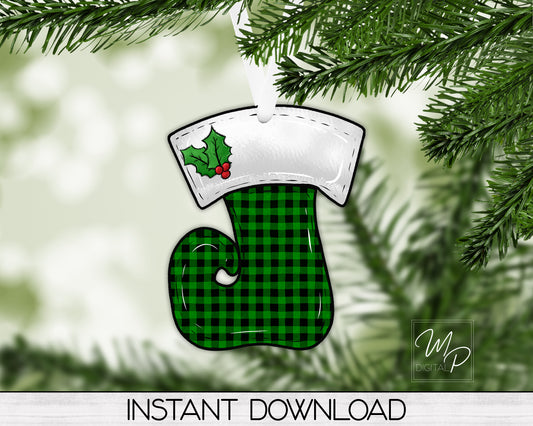 Green Buffalo Plaid Elf Stocking Christmas Ornament PNG Sublimation Design, Digital Download for Personal and Commercial Use