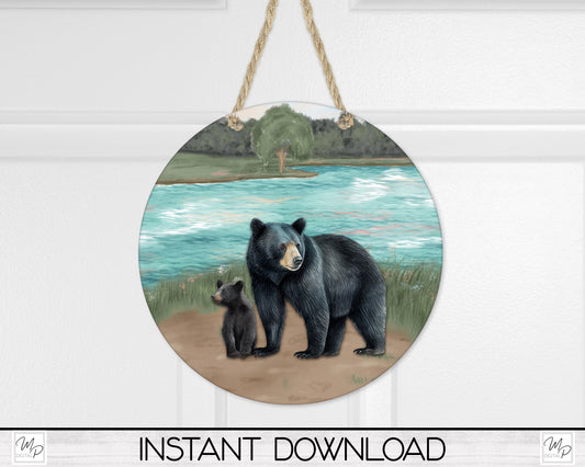 Mama Bear and Cub Round Sign, PNG Design for Sublimation, Digital Download