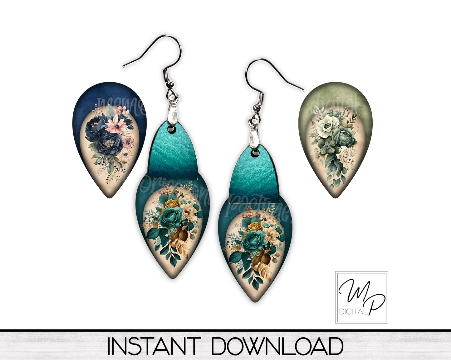 Teal, Blue and Sage Green Floral Upside Down Teardrop PNG Design BUNDLE for Sublimation of Earrings with Leather, Digital Download