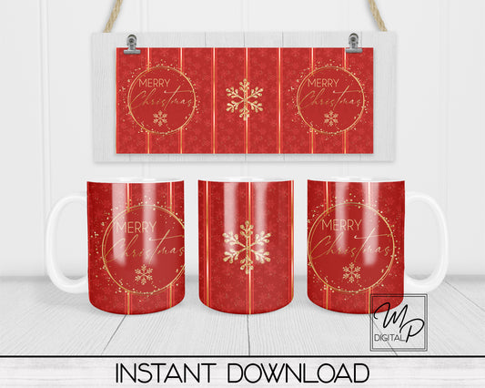Red and Gold Merry Christmas Coffee Mug Sublimation Design PNG Digital Download - 11oz and 15oz - Commercial Use