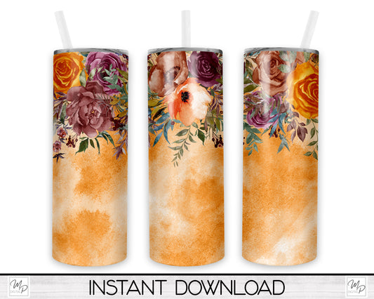 Fall Florals 20oz Skinny Tumbler PNG Sublimation Design, Digital Download