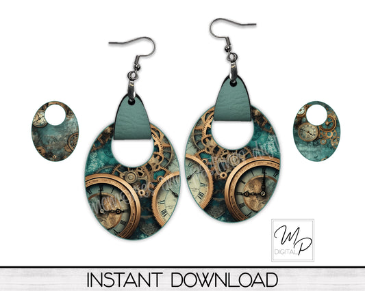 Steampunk Oval Earring with Leather Hoop PNG Design Bundle for Sublimation, Digital Download