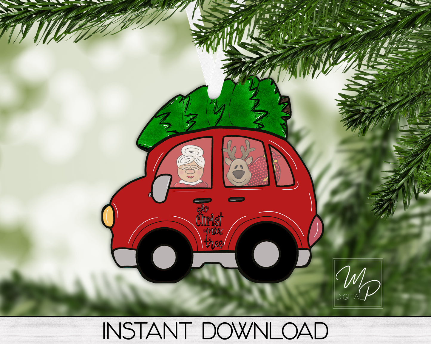 Whimsical Car with Christmas Tree Sublimation Design for Christmas Ornaments - Digital Download